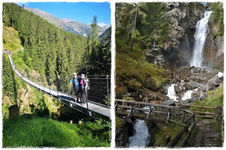 Il ponte sospeso, la cascata di Saent e i larici monumentali 1 Cascata di Saent